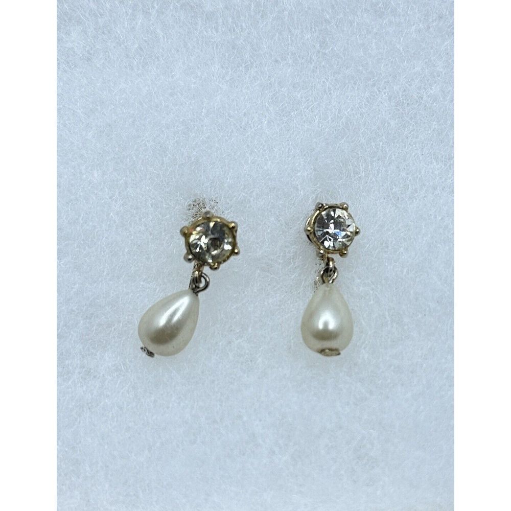 Womens Vintage Faux Pearl Cubic Zirconia Silver Tone Screw Back Earrings